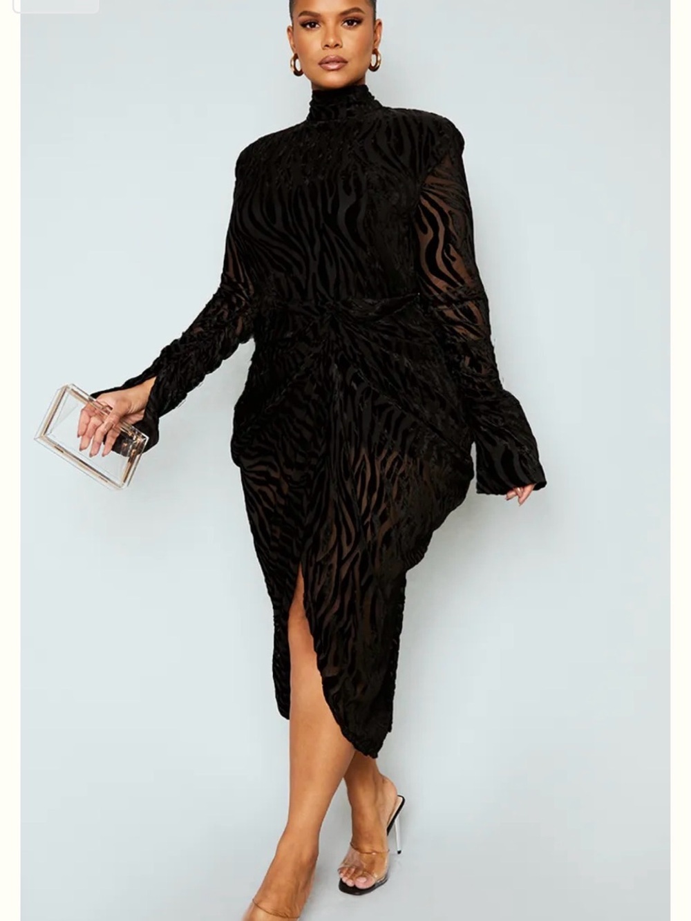 Black Zebra-Textured Draped High-Neck Midi Dress